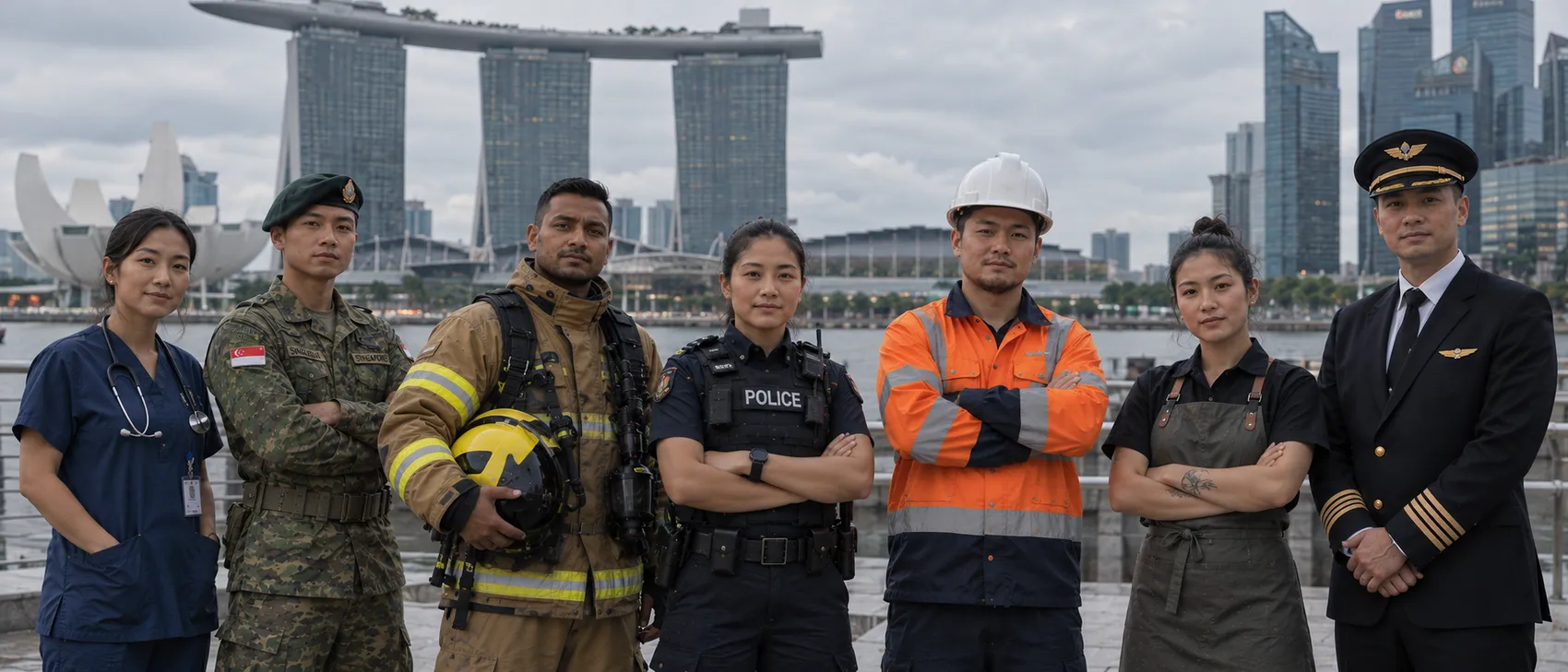 Police officer, soldier, firefighter and other professionals by the Marina Bay waterfront in Singapore